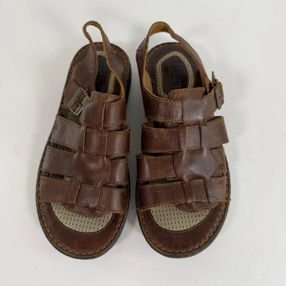 Born Fisherman Sandals 10M Brown Leather Slingback Comfort Shoes
